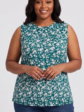NWT | Auselily Teal Green & White Floral Top | Sleeveless | Size Large